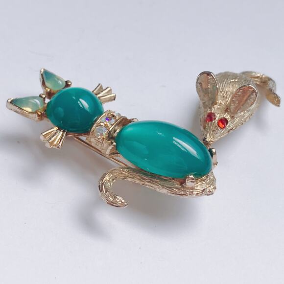VTG 1950s Brooch Moonglow Glass Cat Mouse AB Gold Tone Figural Mid Century - Picture 5 of 8